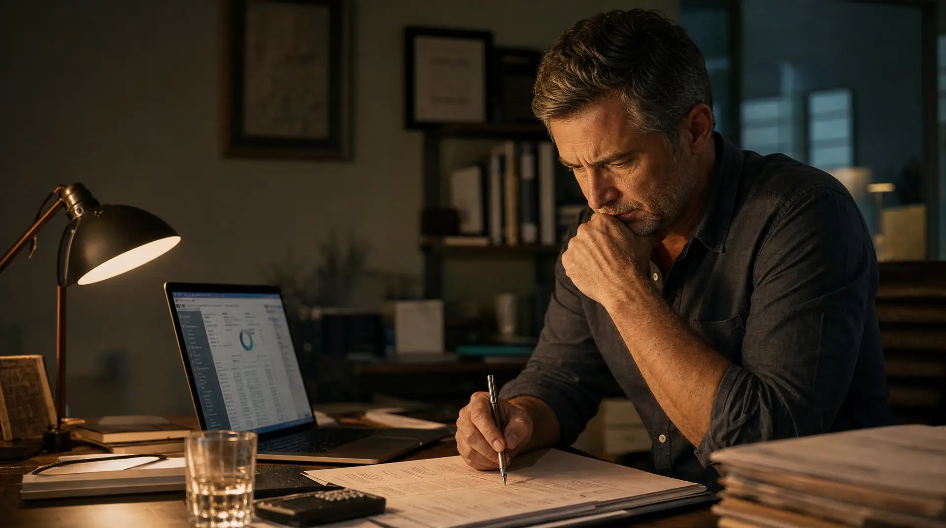 A contractor sits at a desk writing notes while reviewing a website layout on a laptop, focused on website conversion killers.