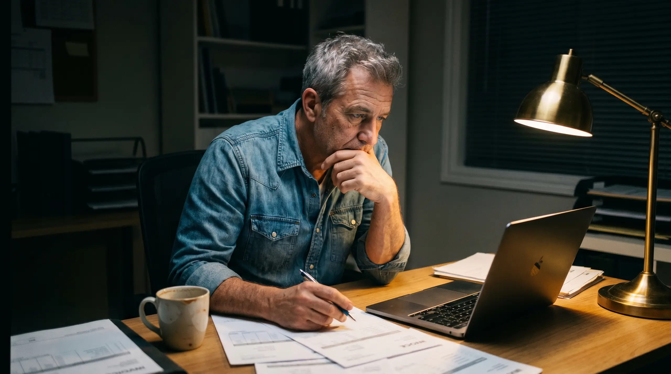 A middle-aged man in a blue denim shirt sits at a wooden desk, resting his hand near his face while writing with a pen. Papers, a laptop, and a coffee mug are on the table, illuminated by a warm brass desk lamp in an office workspace.