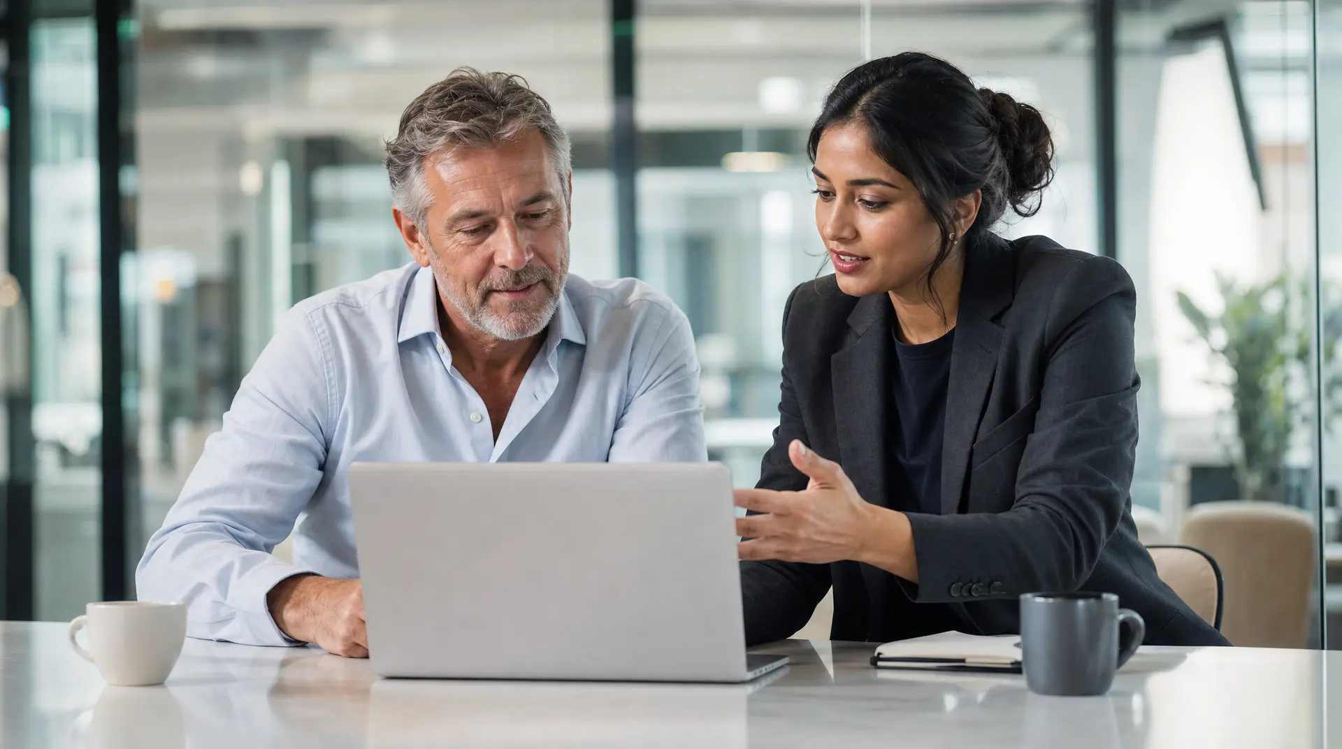 Two professionals review a laptop together in a modern office, aligning enterprise marketing for small business strategy and local business visibility.