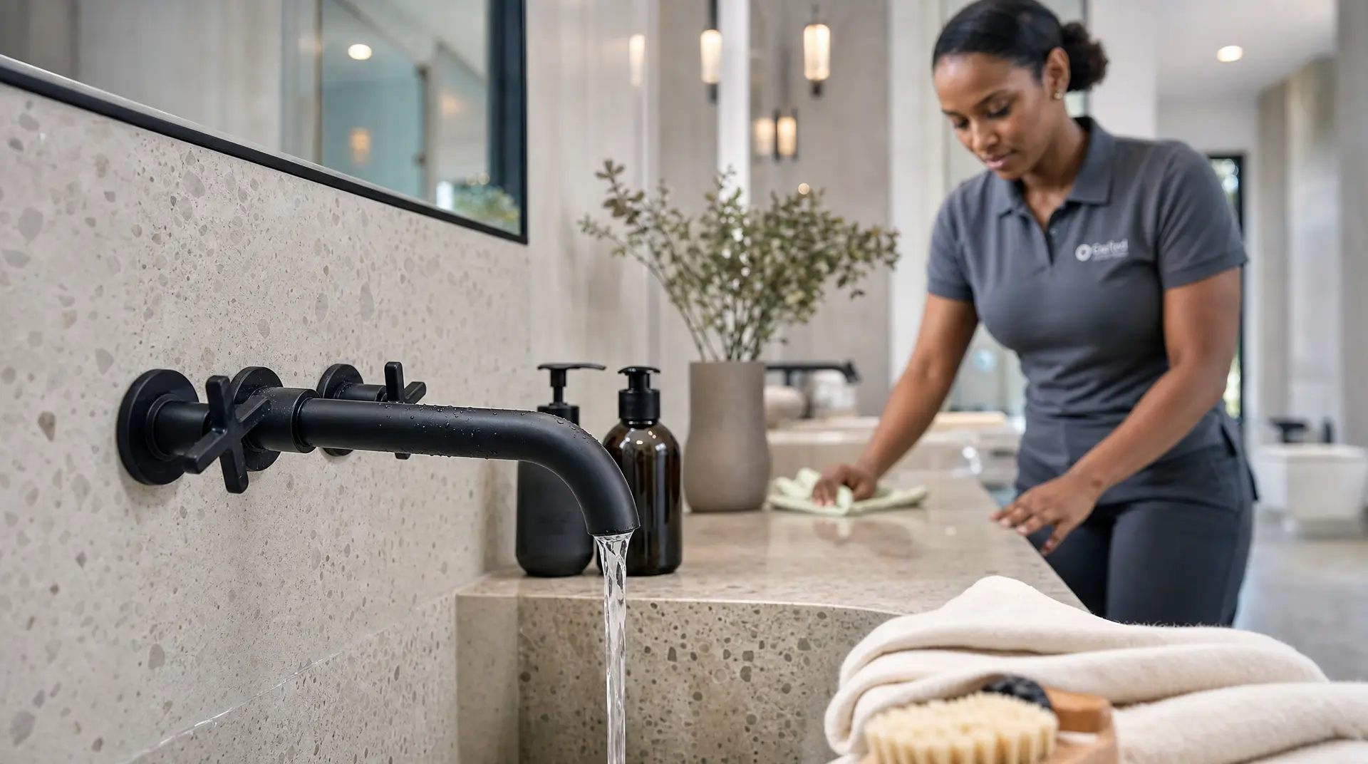 Technician in a clean bathroom checks a running faucet and tidies towels, supporting building online trust for home services.
