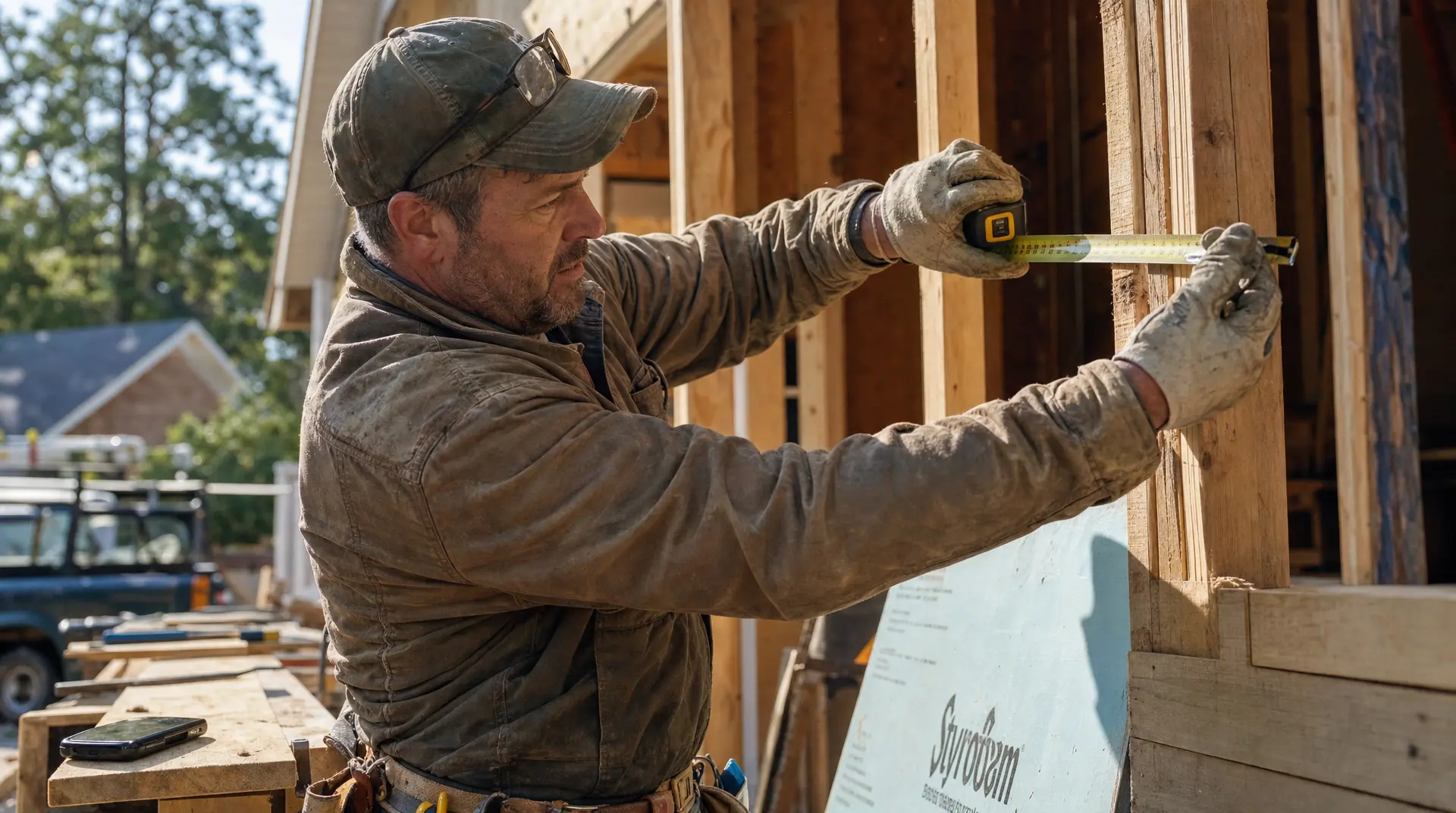 Carpenter measures wall framing with a tape measure, building online trust for home services with authentic job site visuals.