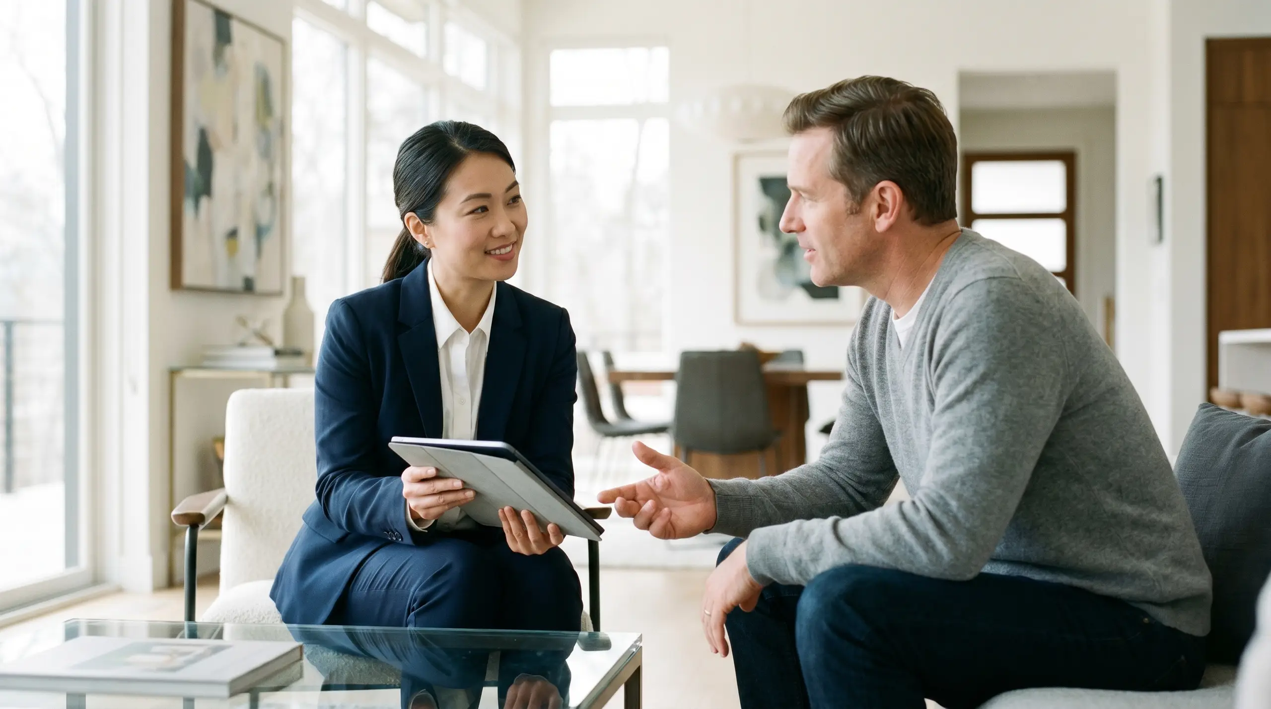 A smiling businesswoman in a dark blazer sits across from a man in a gray sweater. She holds a clipboard or tablet while they talk in a bright, modern office with framed pictures on the wall.