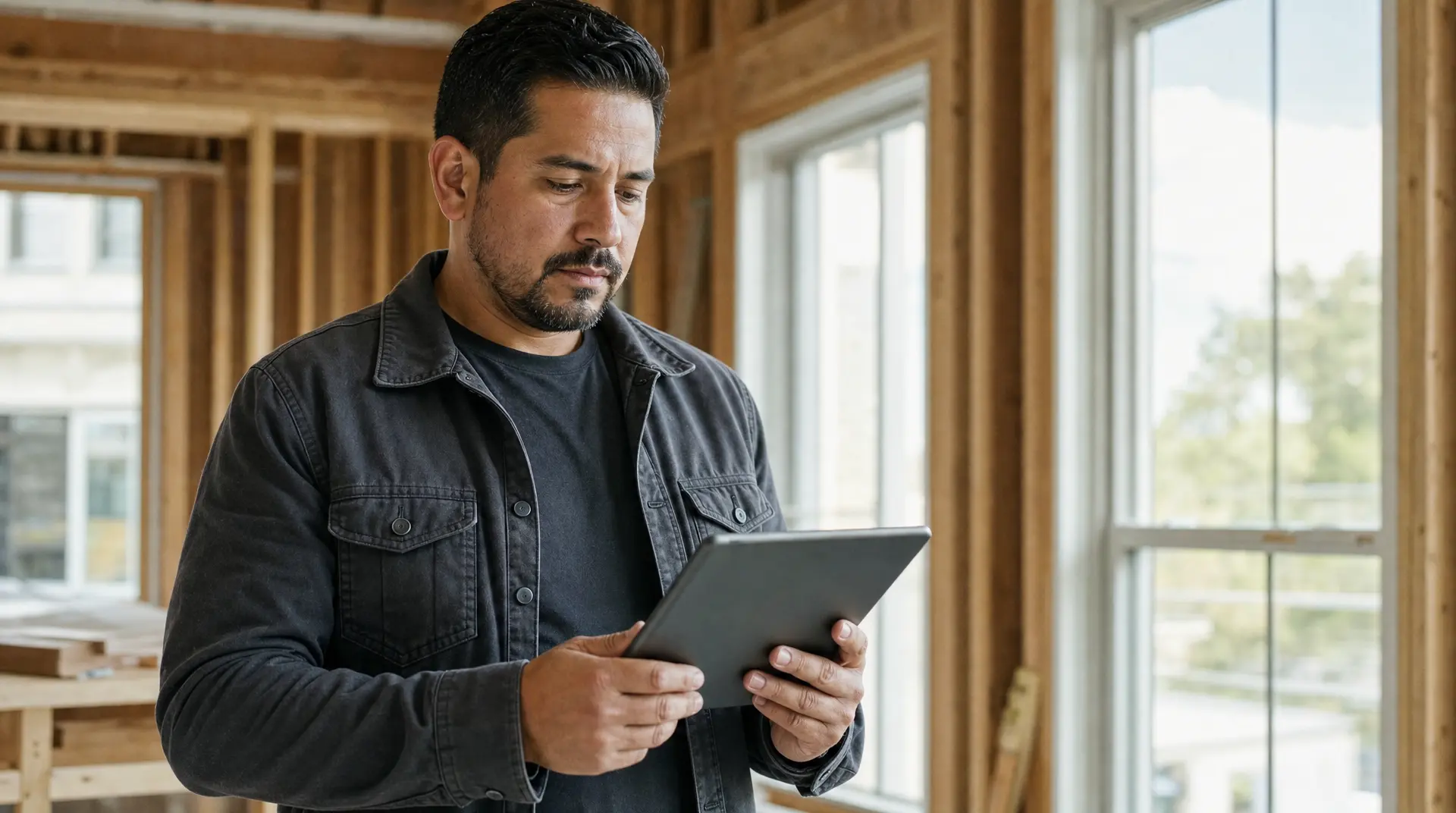 Contractor in a new home framing area checks a tablet, enabling automated quote requests for contractors.