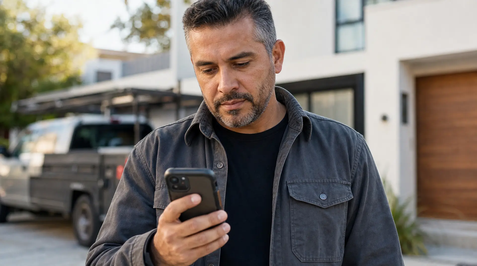 A contractor in a dark jacket checks a smartphone outside a home, highlighting missed call lead capture for faster follow-up.