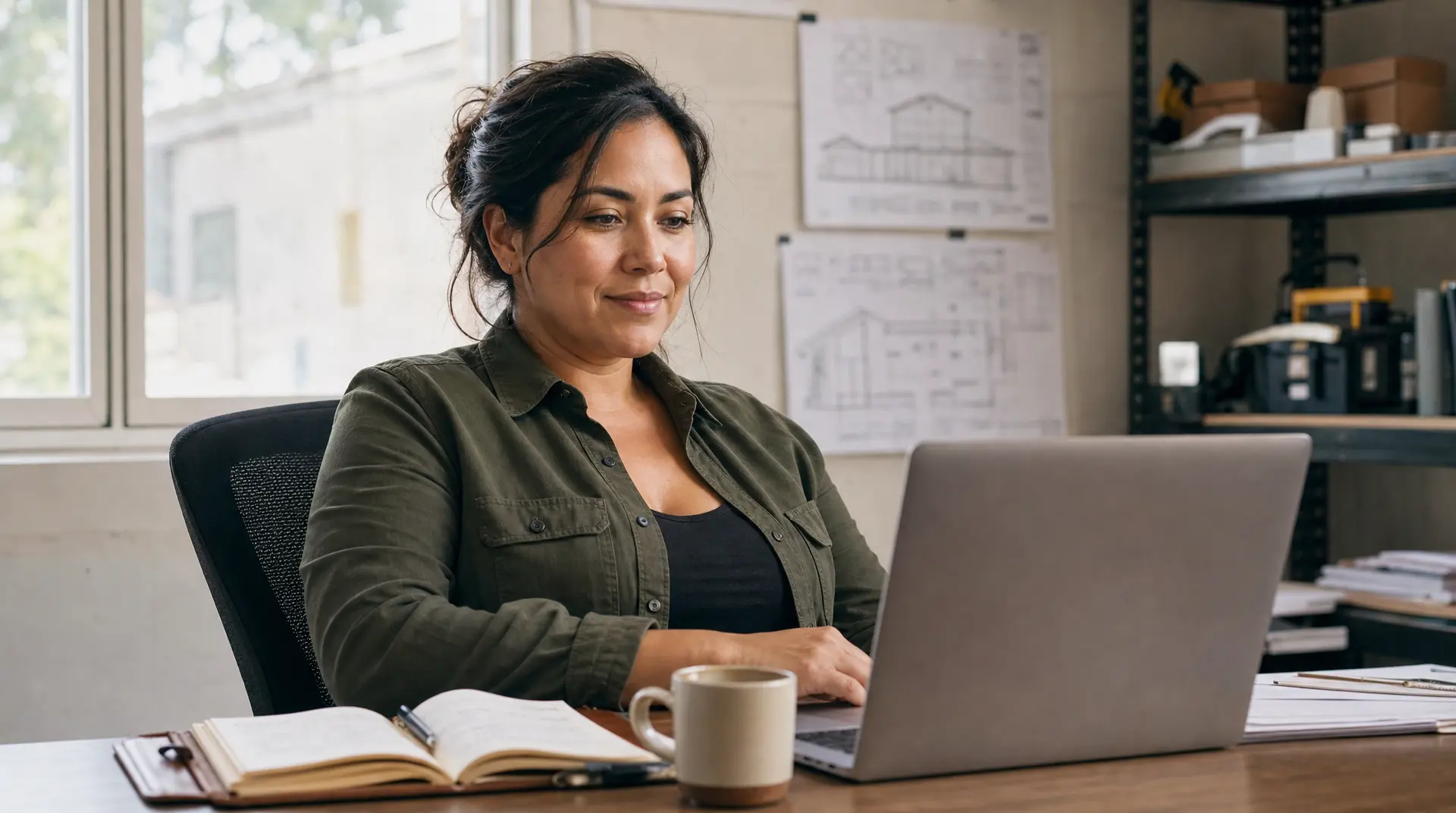 Contractor marketing professional works on a laptop in an office with wall plans and a mug on the desk, supporting asynchronous lead capture and speed to lead for contractors.