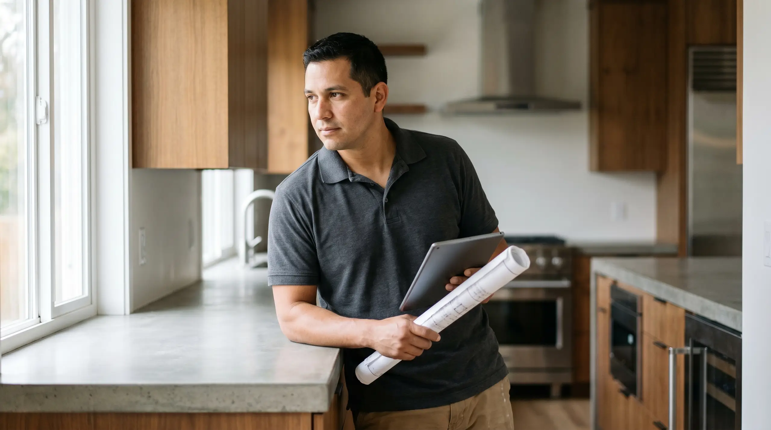 A man in a dark polo shirt stands in a bright, wood-and-white kitchen holding a tablet and rolled blueprint plans, looking thoughtfully to the side.